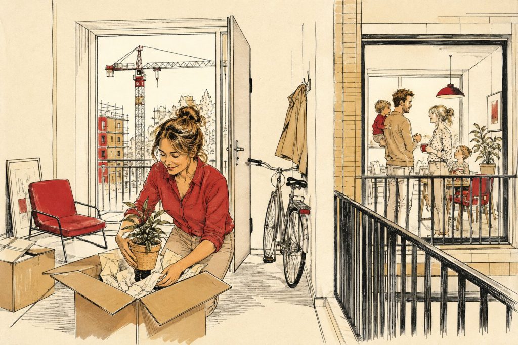 Vrouw pakt dozen uit in een klein nieuwbouwappartement met bouwkraan in beeld, ernaast een gezinsappartement