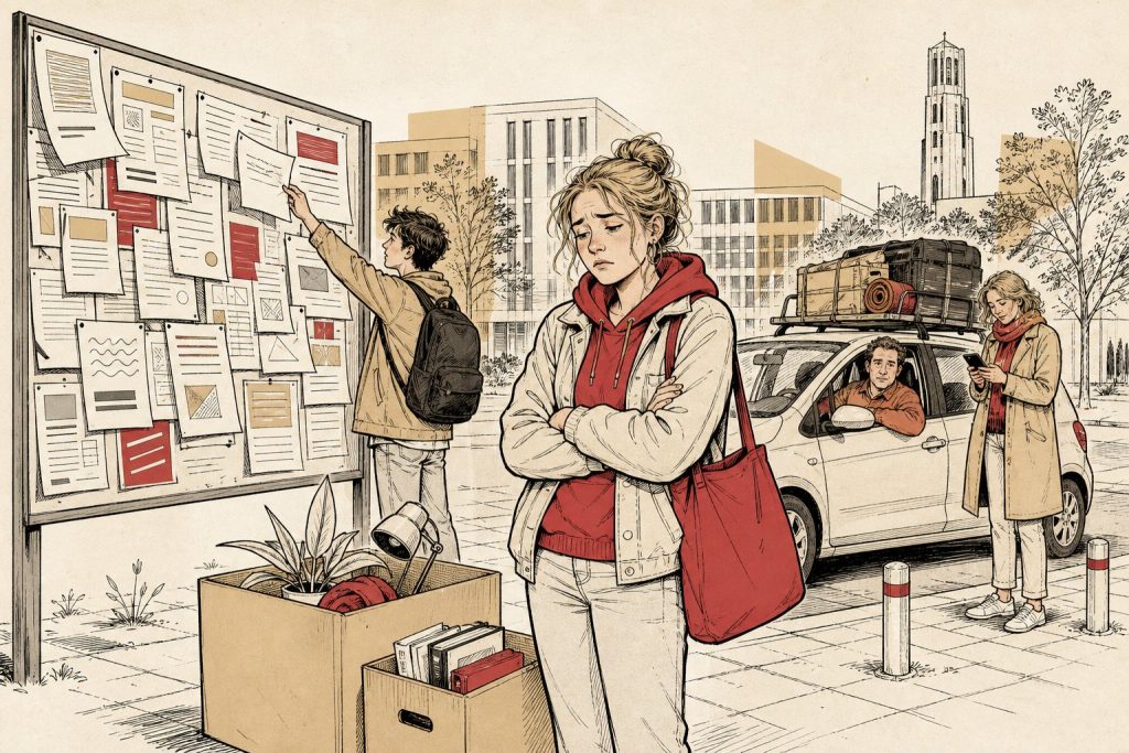 Illustratie: student met verhuisdozen kijkt naar een prikbord vol kameradvertenties terwijl haar ouders in de auto wachten