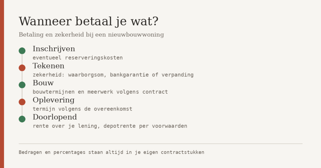 Tijdlijn van betaling en zekerheid bij een nieuwbouwwoning: inschrijven, tekenen, bouwtermijnen, oplevering en doorlopende kosten