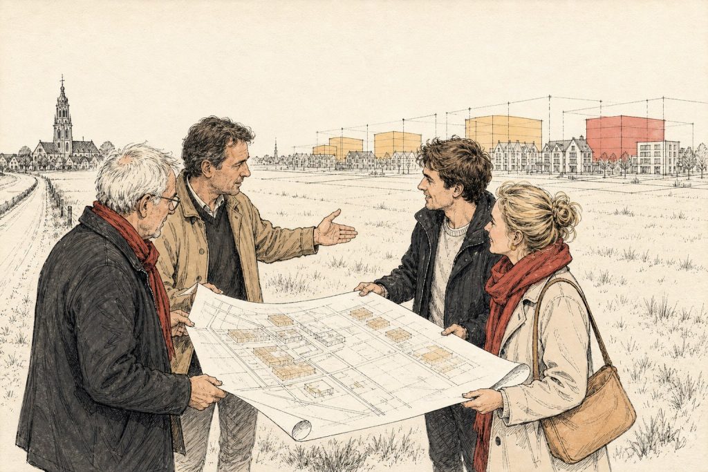 Twee gemeentelijke planners en een jong stel met een uitgerolde kaart aan de rand van een leeg weiland bij een Nederlands stadje