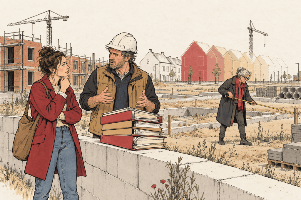 Illustratie: jonge woningzoeker en bouwspecialist kijken naar een half afgebouwde woonwijk met een stapel vergunningen