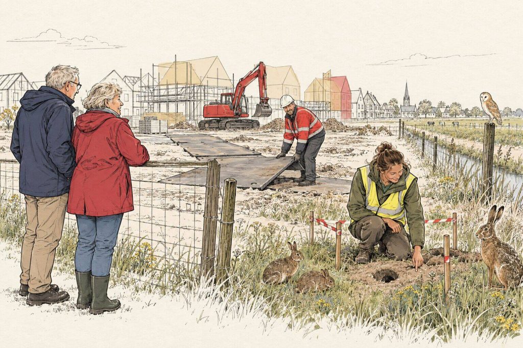 Ecoloog markeert een konijnenhol op een bouwterrein terwijl kopers toekijken