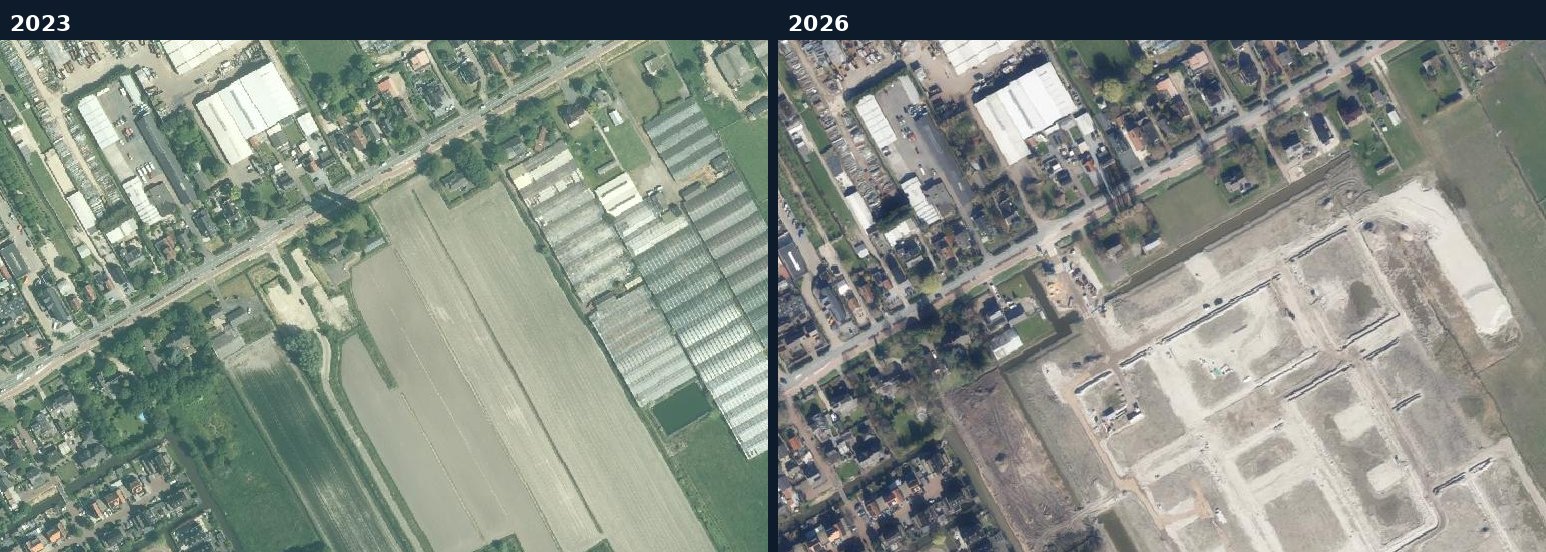 Luchtfoto van een bouwlocatie in Aalsmeer in 2023 en 2026
