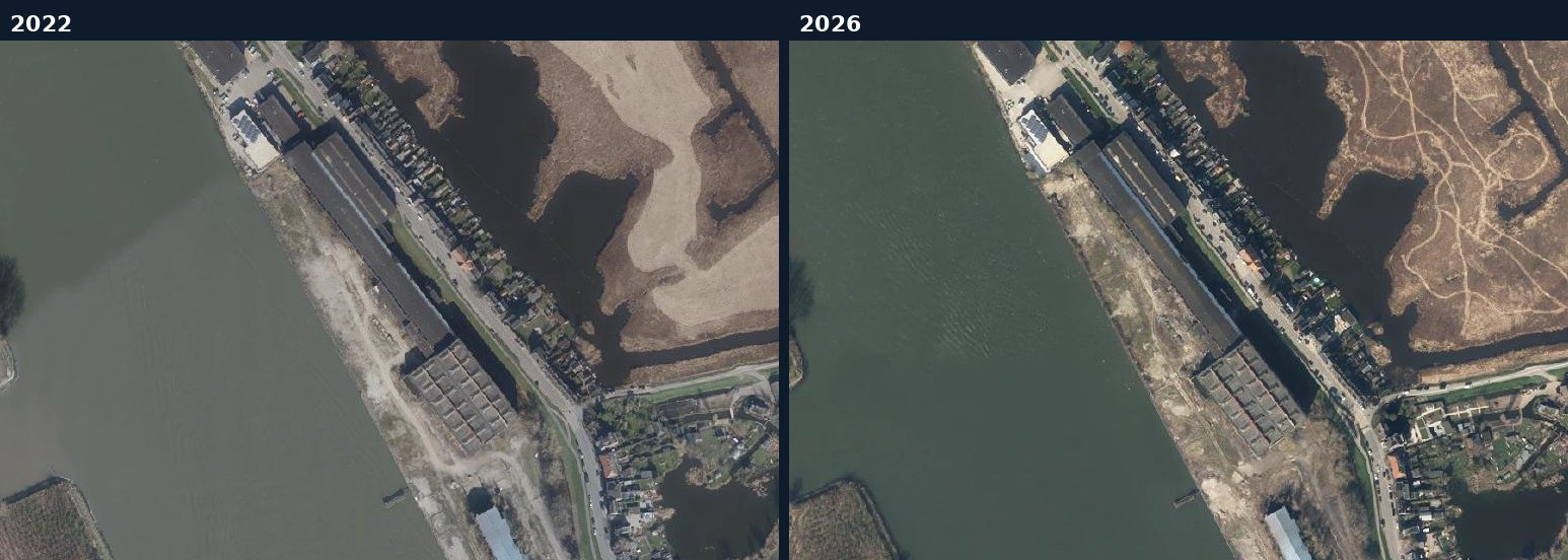 Luchtfoto van een bouwlocatie in Alblasserdam in 2022 en 2026