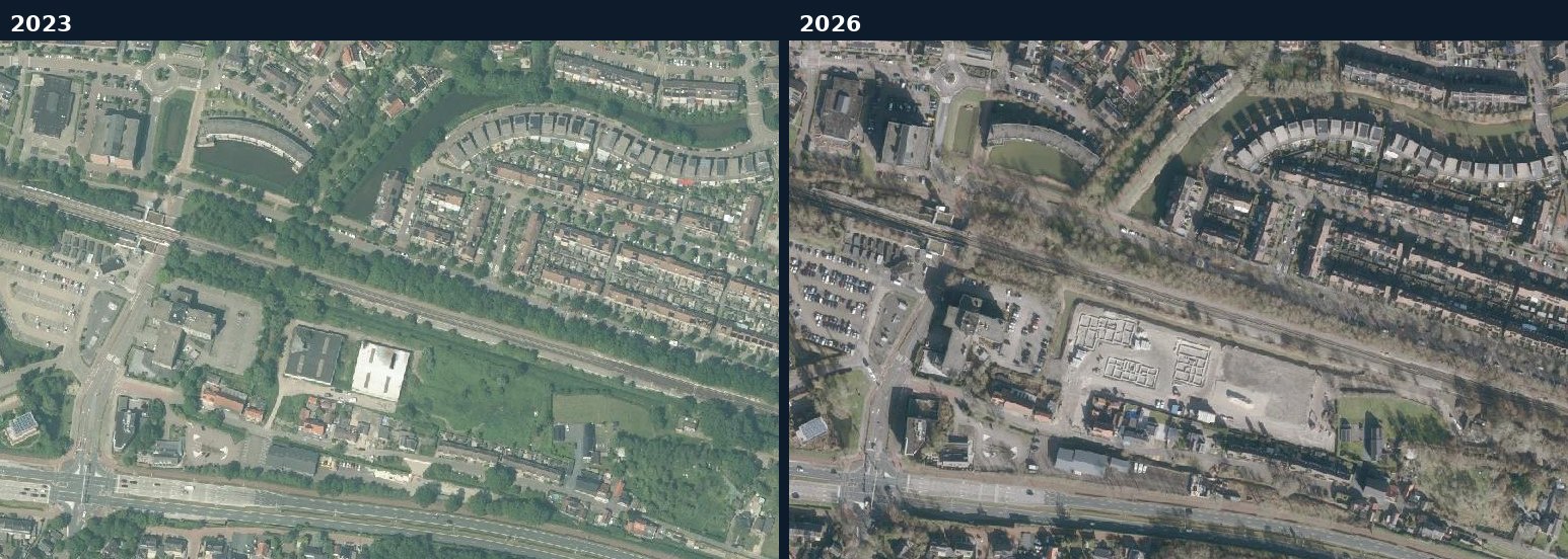 Luchtfoto van een bouwlocatie in Albrandswaard in 2023 en 2026