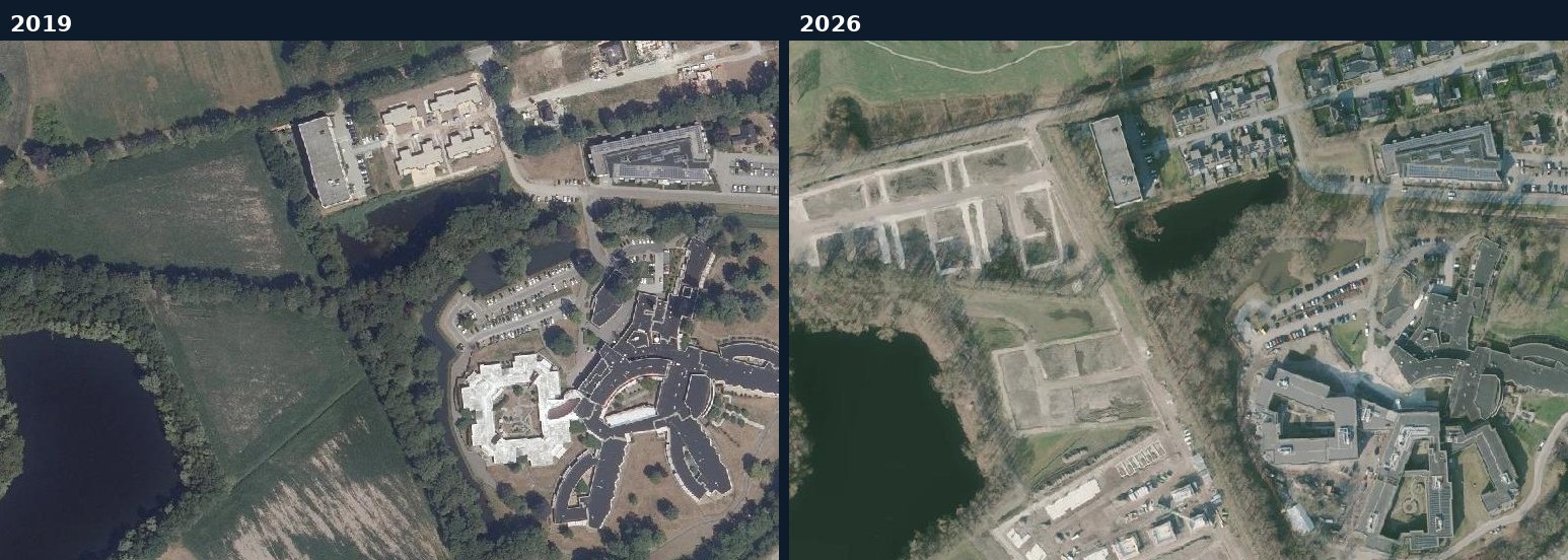 Luchtfoto van een bouwlocatie in Almelo in 2019 en 2026