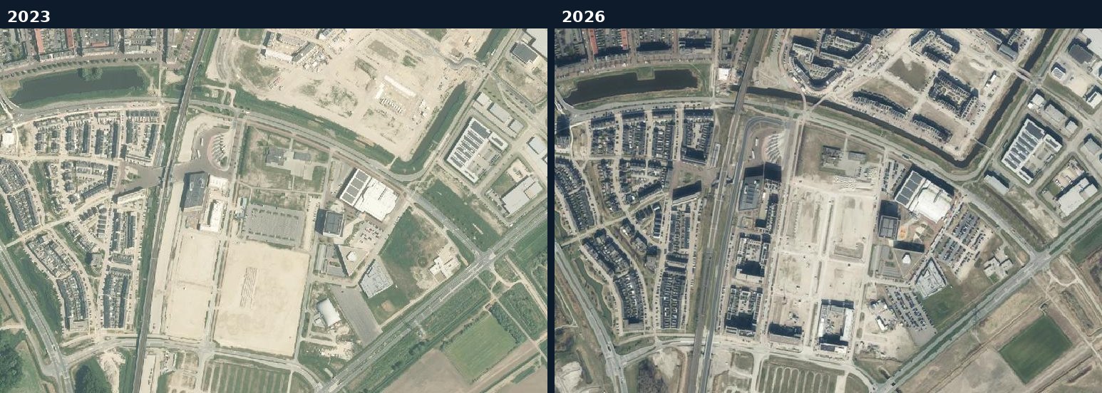 Luchtfoto van een bouwlocatie in Almere in 2023 en 2026