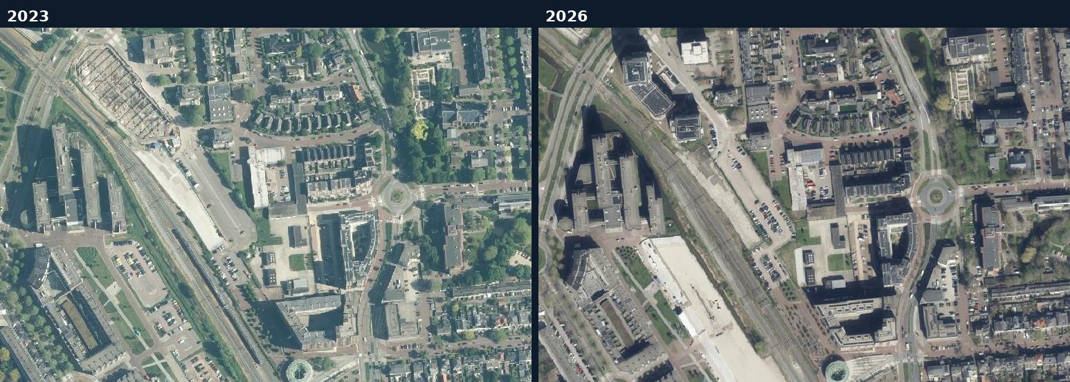 Luchtfoto van een bouwlocatie in Alphen aan den Rijn in 2023 en 2026