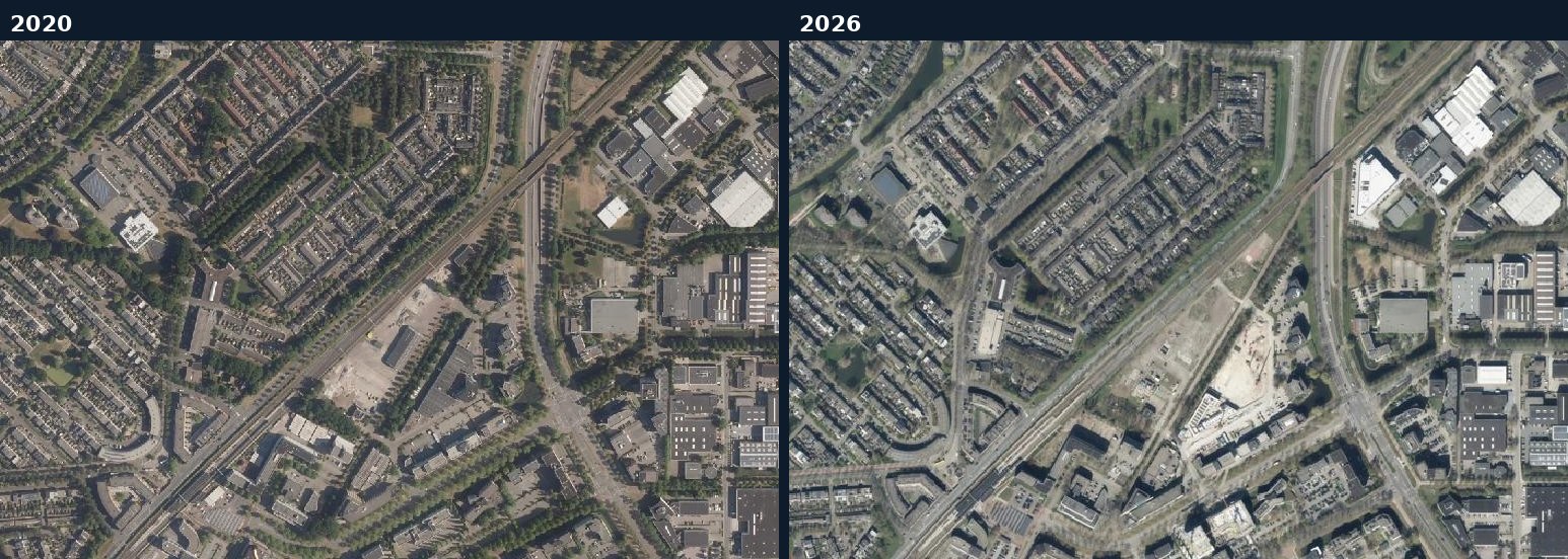 Luchtfoto van een bouwlocatie in Amersfoort in 2020 en 2026