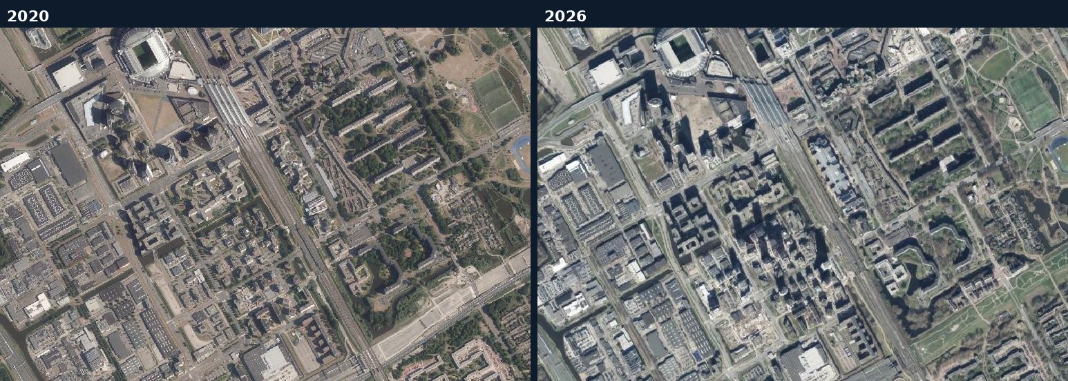 Luchtfoto van een bouwlocatie in Amsterdam in 2020 en 2026