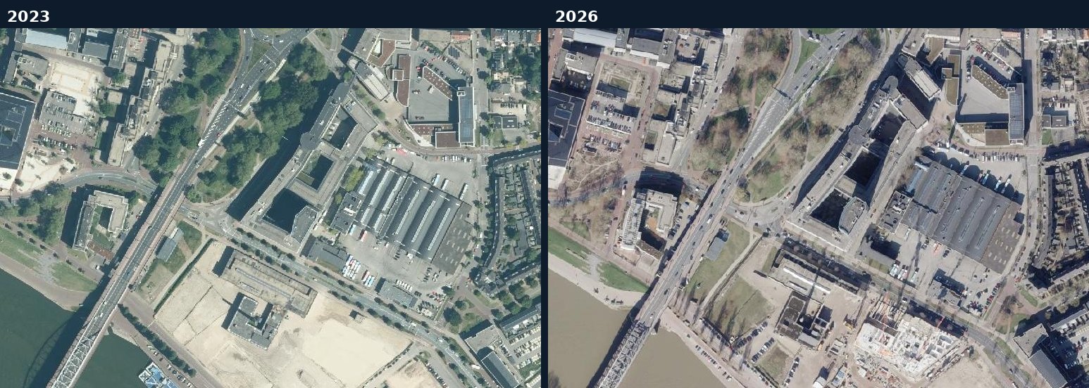 Luchtfoto van een bouwlocatie in Arnhem in 2023 en 2026