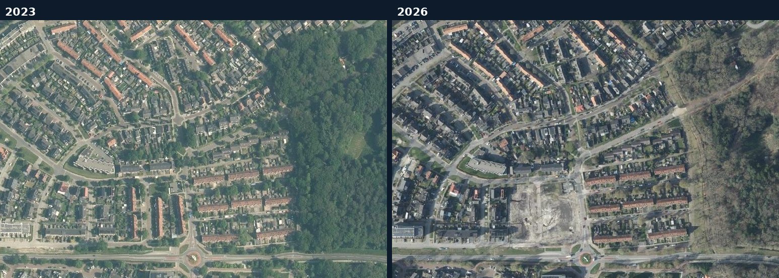 Luchtfoto van een bouwlocatie in Assen in 2023 en 2026