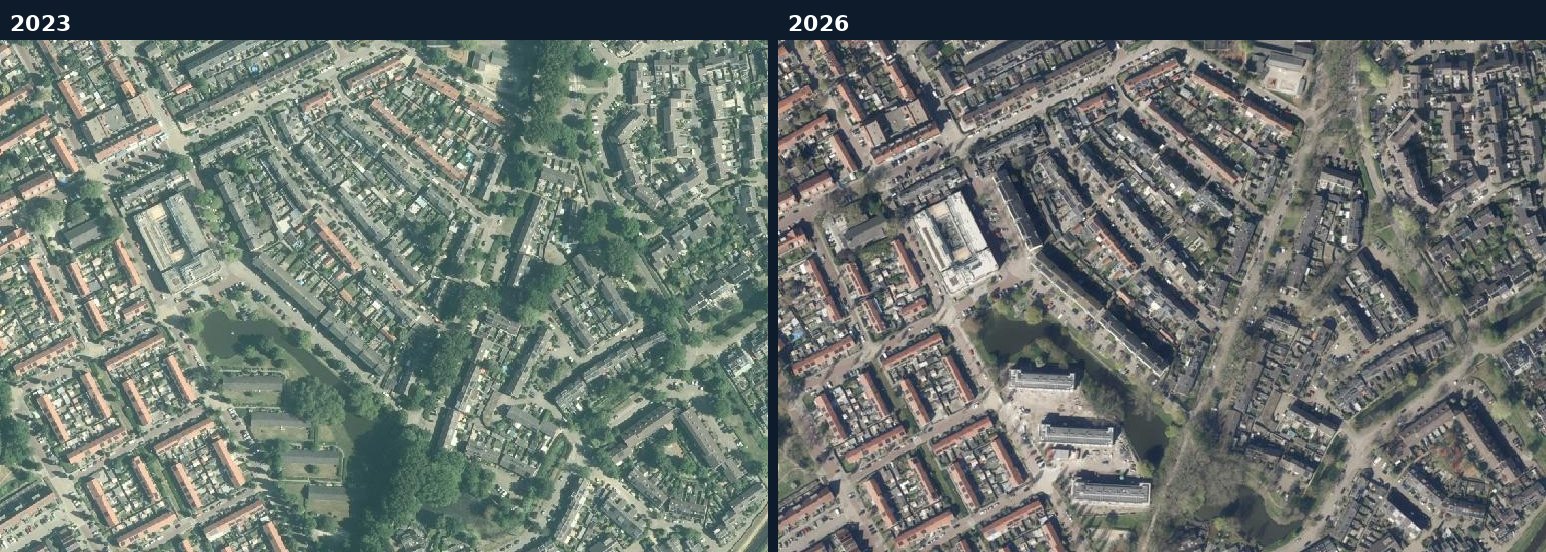 Luchtfoto van een bouwlocatie in Baarn in 2023 en 2026