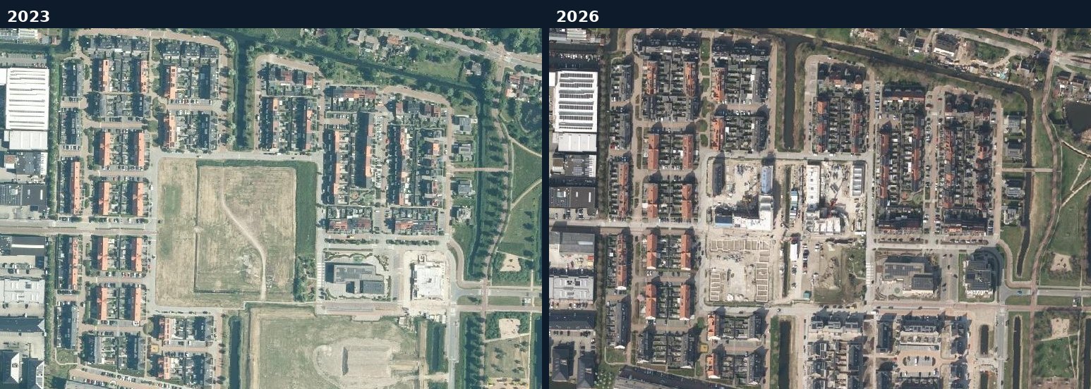 Luchtfoto van een bouwlocatie in Barendrecht in 2023 en 2026