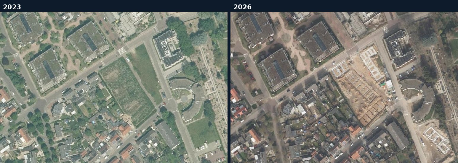 Luchtfoto van een bouwlocatie in Beesel in 2023 en 2026