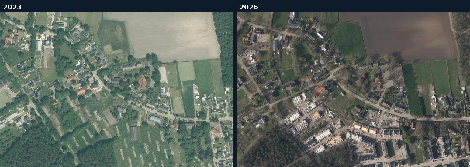 Luchtfoto van een bouwlocatie in Bergeijk in 2023 en 2026
