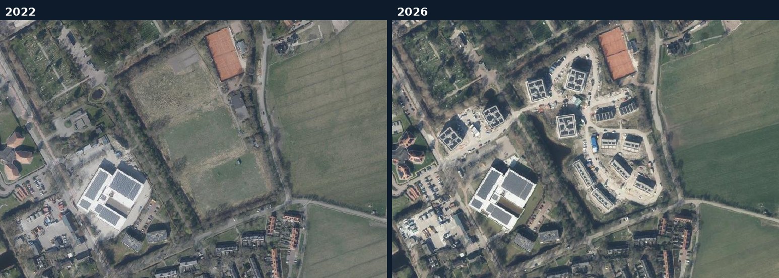 Luchtfoto van een bouwlocatie in Bergen (NH.) in 2022 en 2026