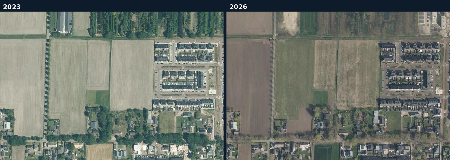 Luchtfoto van een bouwlocatie in Bernheze in 2023 en 2026