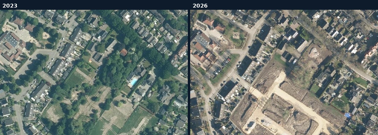 Luchtfoto van een bouwlocatie in Beuningen in 2023 en 2026
