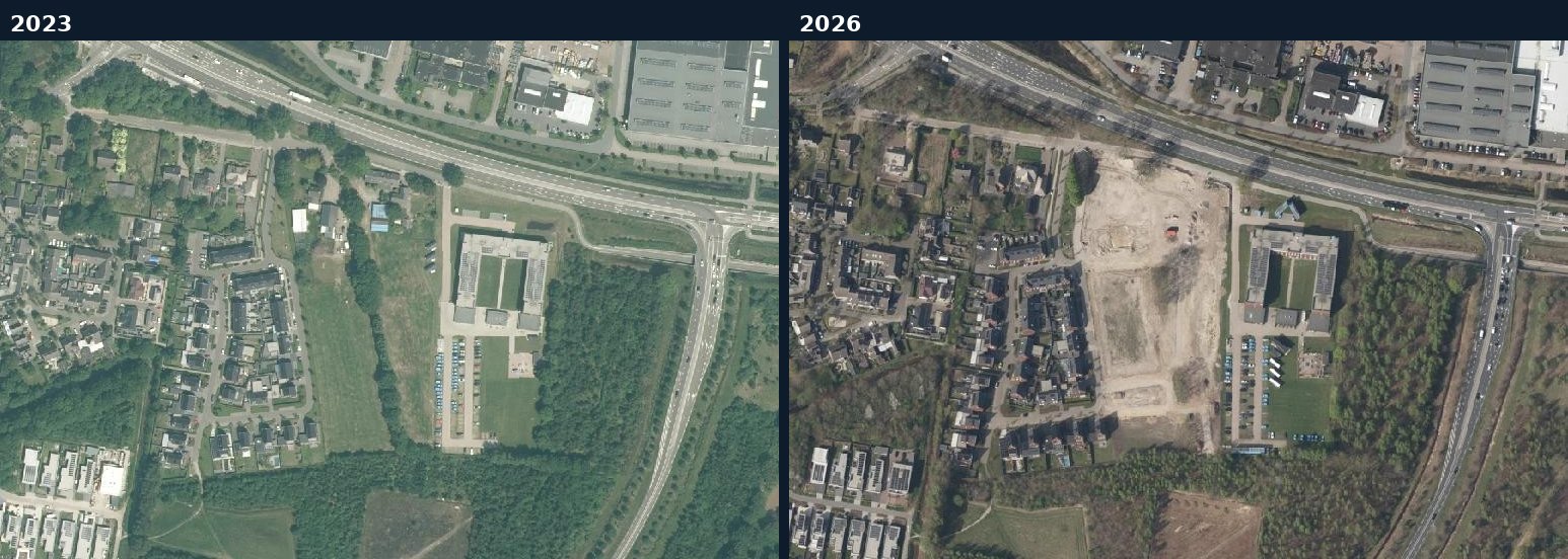 Luchtfoto van een bouwlocatie in Bladel in 2023 en 2026