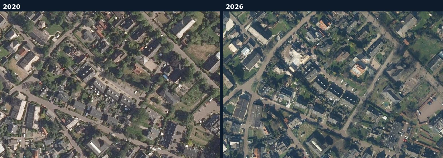 Luchtfoto van een bouwlocatie in Blaricum in 2020 en 2026