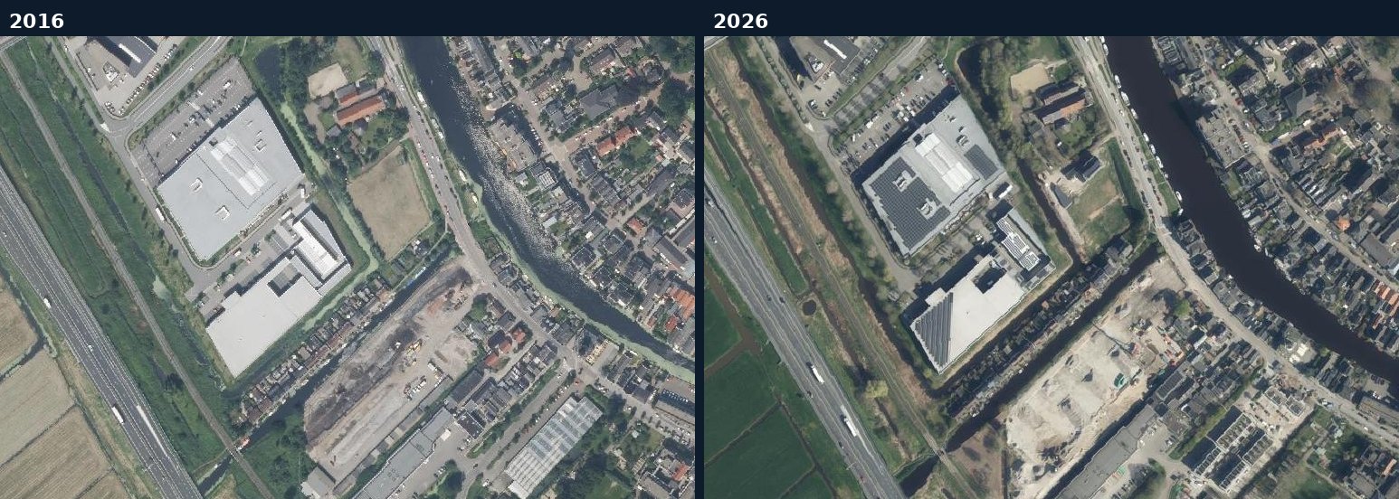 Luchtfoto van een bouwlocatie in Bodegraven-Reeuwijk in 2016 en 2026