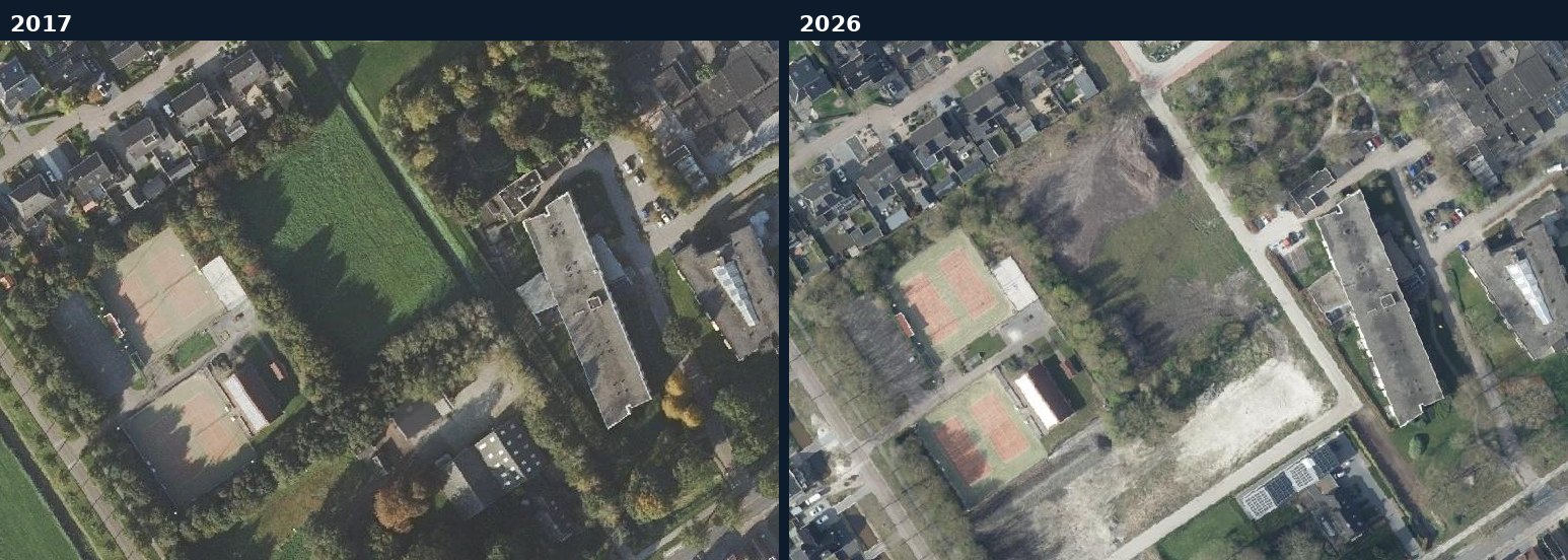 Luchtfoto van een bouwlocatie in Borger-Odoorn in 2017 en 2026