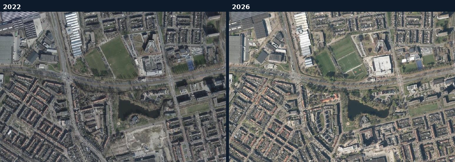 Luchtfoto van een bouwlocatie in Breda in 2022 en 2026