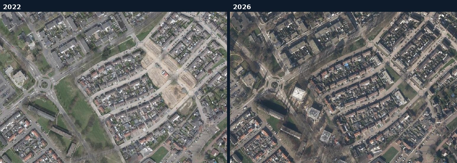 Luchtfoto van een bouwlocatie in Brunssum in 2022 en 2026