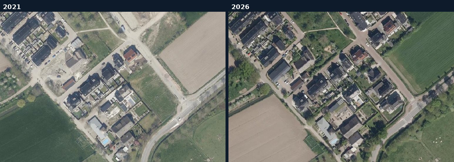 Luchtfoto van een bouwlocatie in Bunnik in 2021 en 2026