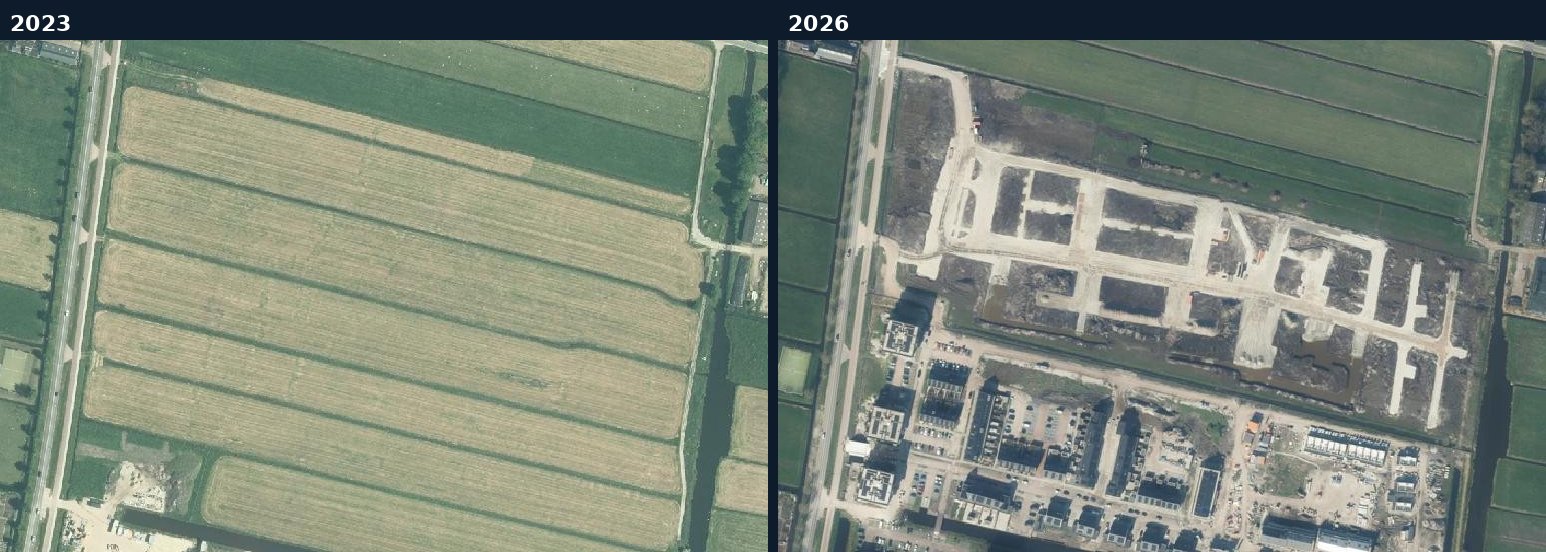 Luchtfoto van een bouwlocatie in Bunschoten in 2023 en 2026
