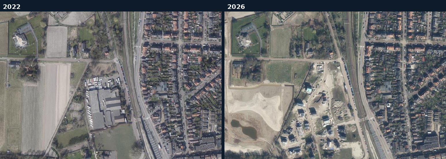Luchtfoto van een bouwlocatie in Castricum in 2022 en 2026