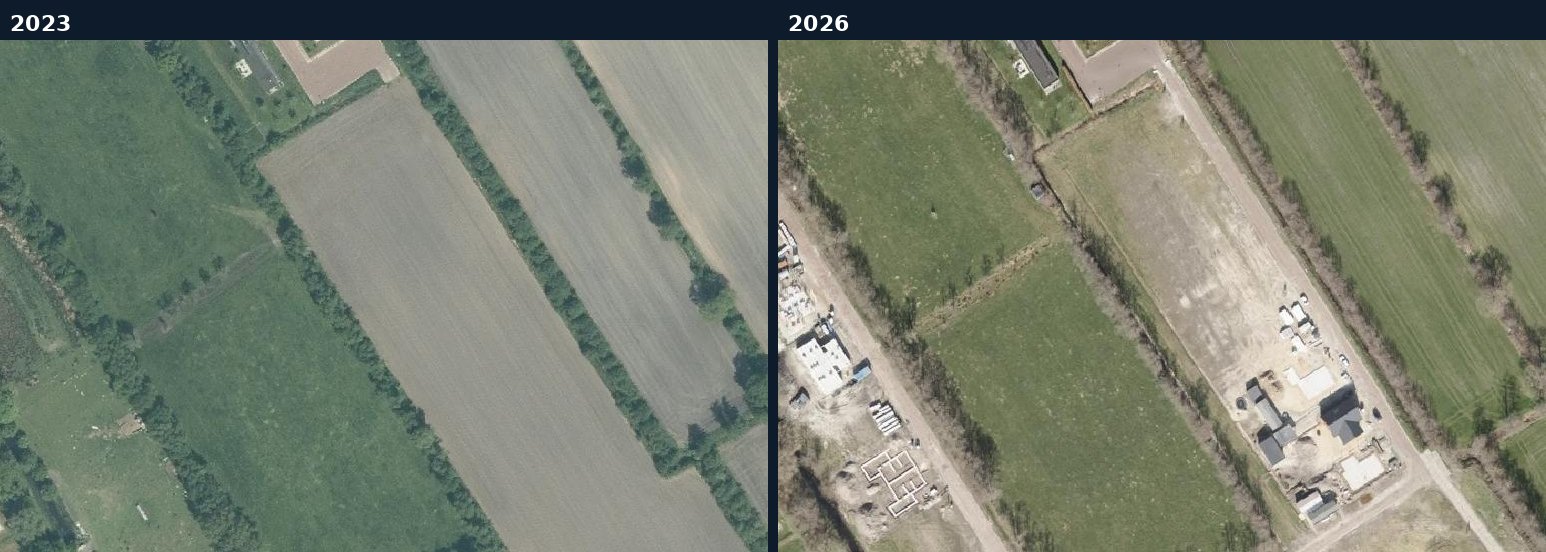 Luchtfoto van een bouwlocatie in Dantumadiel in 2023 en 2026