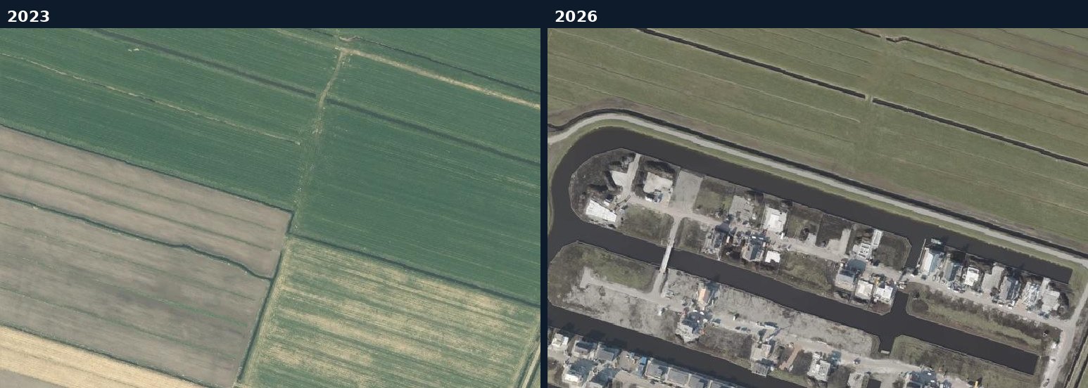 Luchtfoto van een bouwlocatie in De Fryske Marren in 2023 en 2026