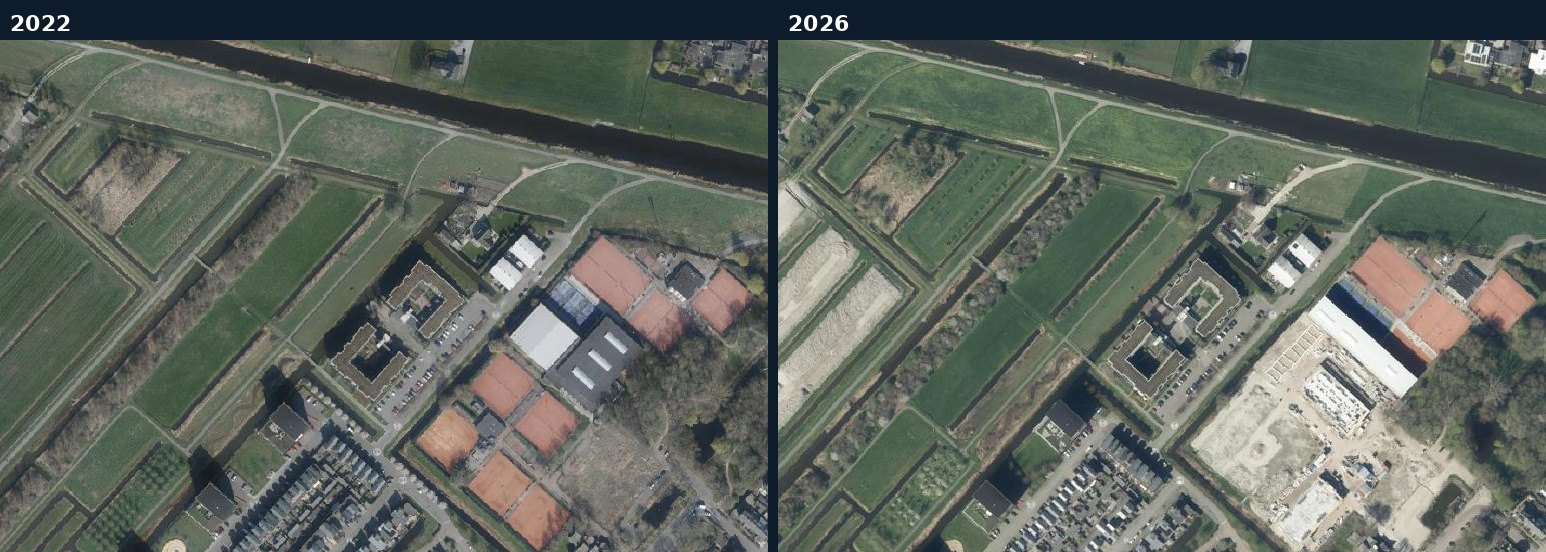 Luchtfoto van een bouwlocatie in De Ronde Venen in 2022 en 2026