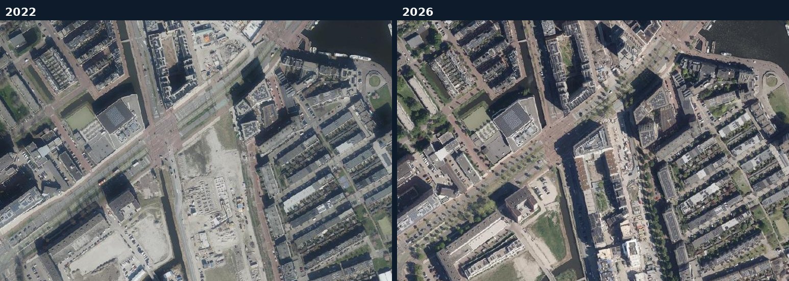 Luchtfoto van een bouwlocatie in Delft in 2022 en 2026