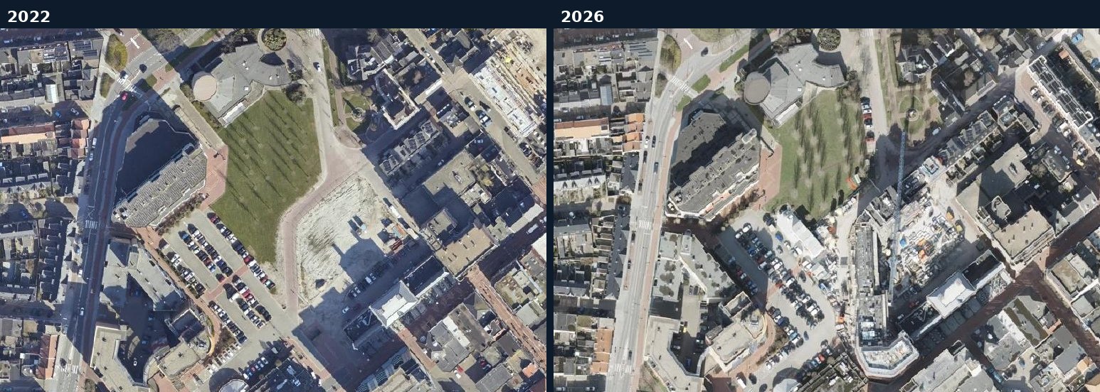 Luchtfoto van een bouwlocatie in Den Helder in 2022 en 2026