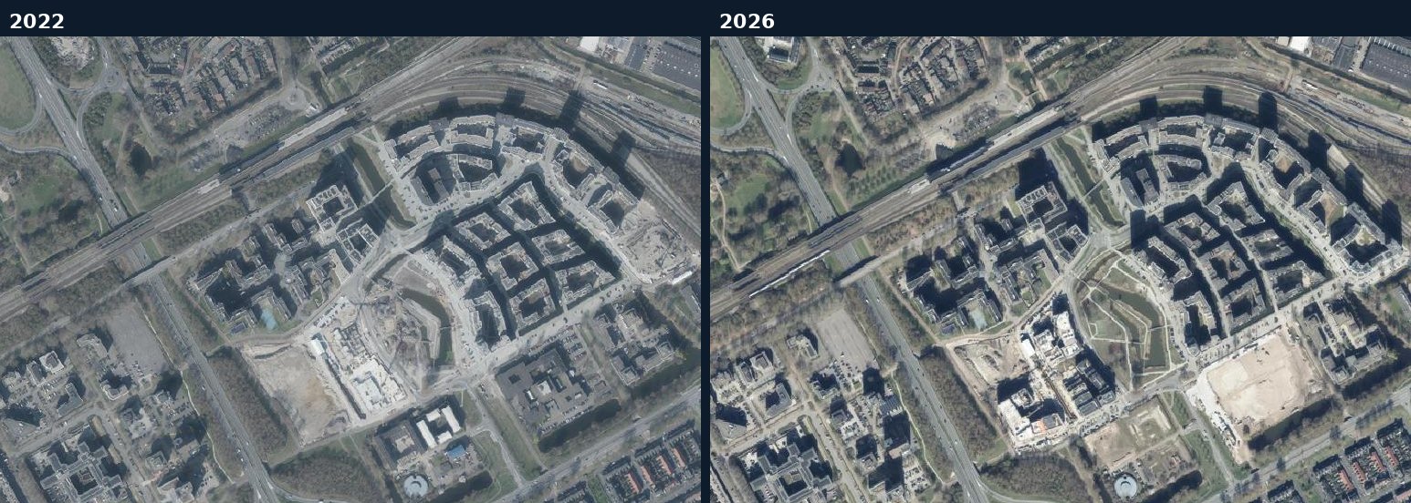 Luchtfoto van een bouwlocatie in Diemen in 2022 en 2026