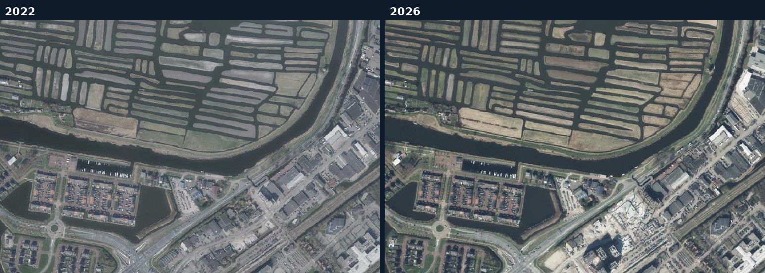 Luchtfoto van een bouwlocatie in Dijk en Waard in 2022 en 2026