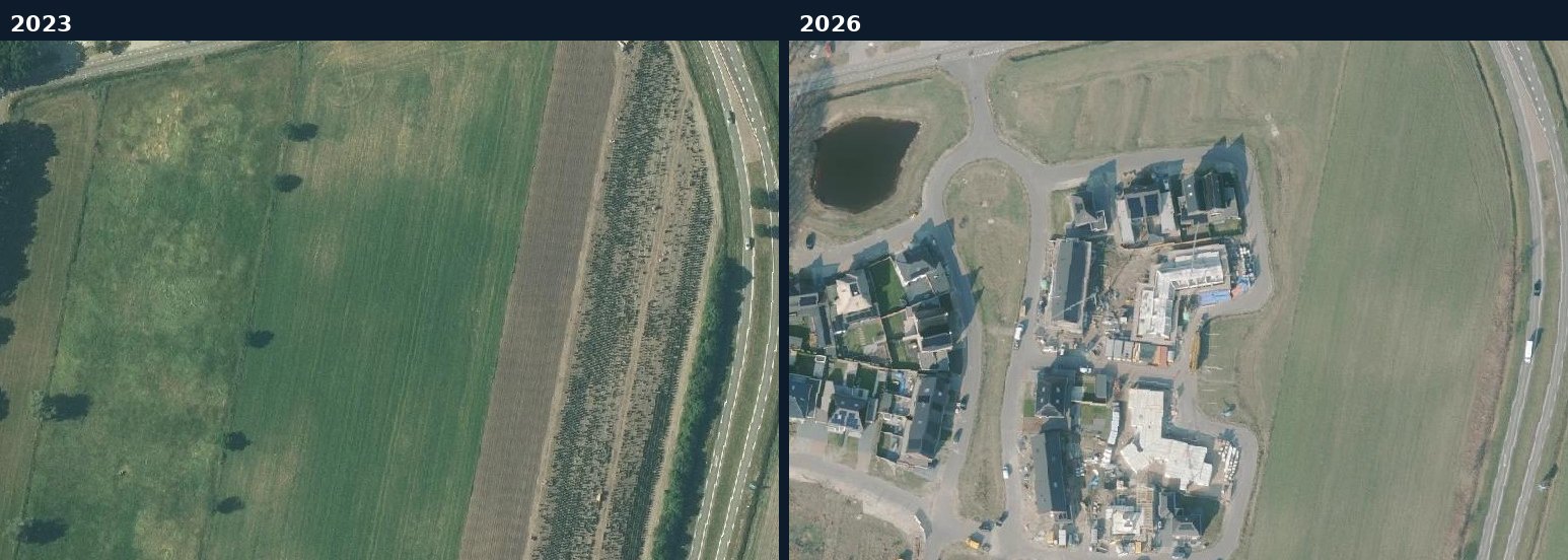 Luchtfoto van een bouwlocatie in Dinkelland in 2023 en 2026