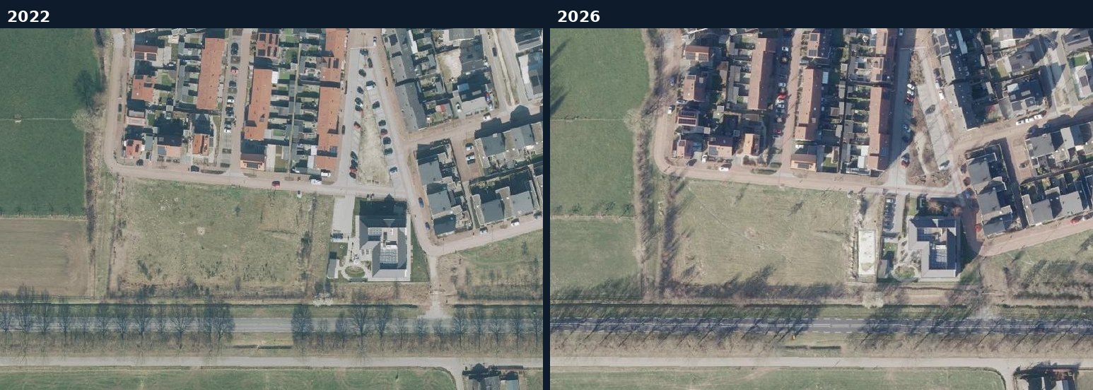Luchtfoto van een bouwlocatie in Doesburg in 2022 en 2026