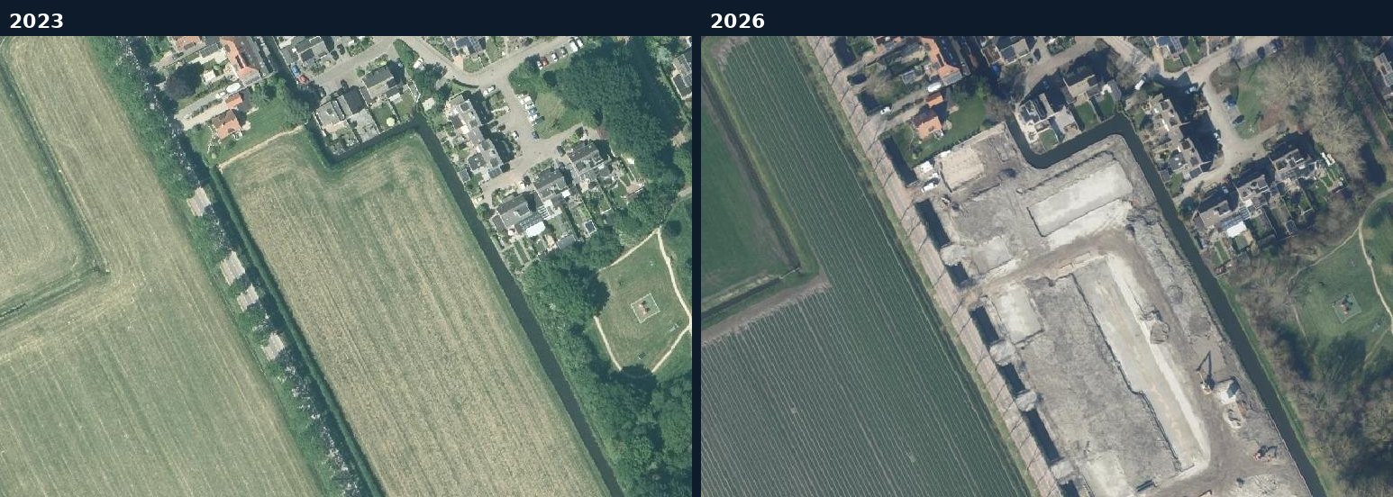 Luchtfoto van een bouwlocatie in Drechterland in 2023 en 2026