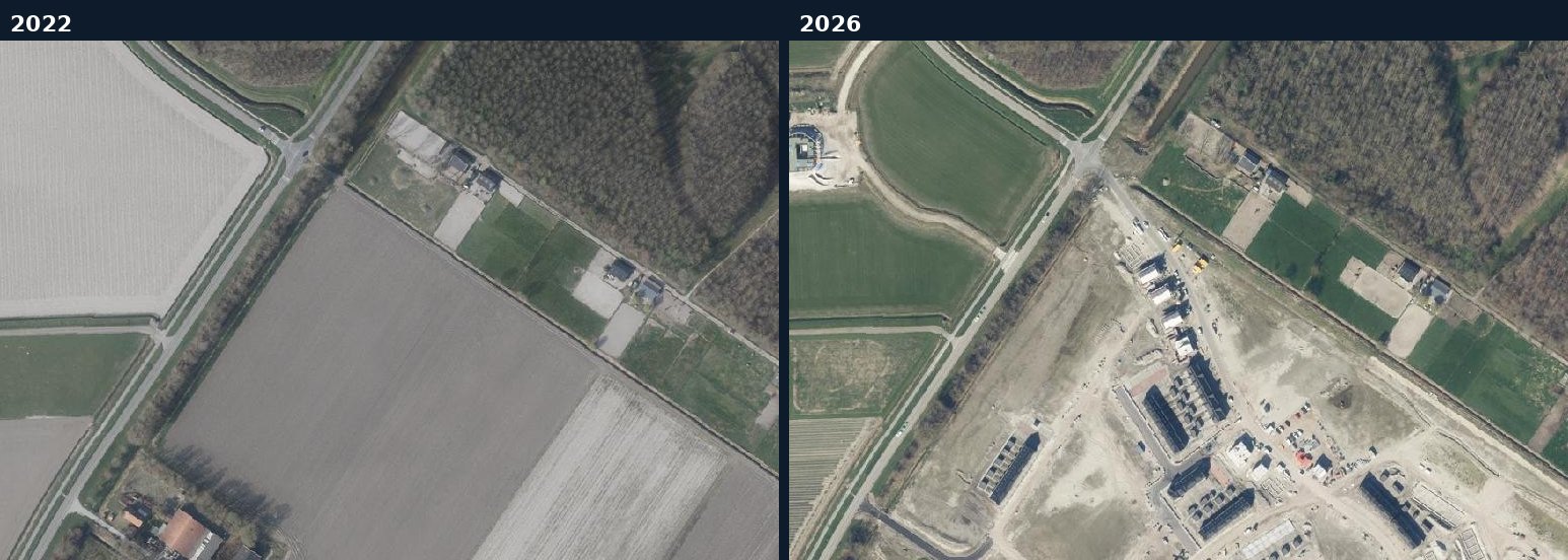Luchtfoto van een bouwlocatie in Dronten in 2022 en 2026
