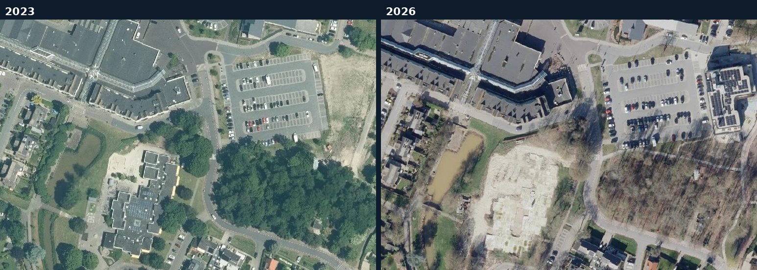 Luchtfoto van een bouwlocatie in Duiven in 2023 en 2026