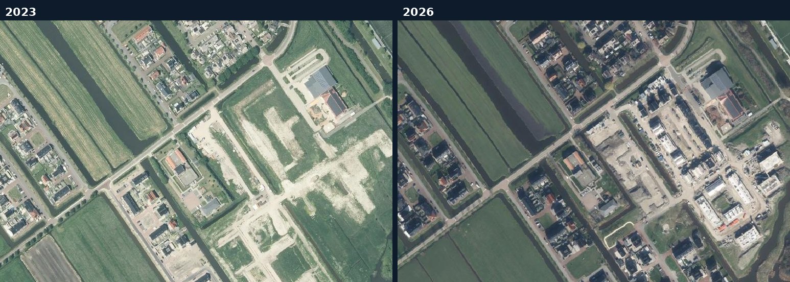 Luchtfoto van een bouwlocatie in Edam-Volendam in 2023 en 2026