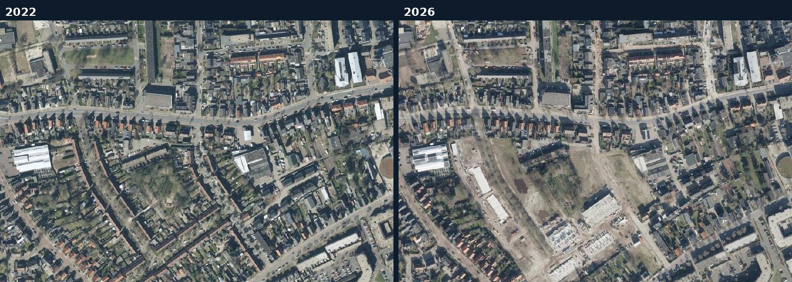 Luchtfoto van een bouwlocatie in Ede in 2022 en 2026