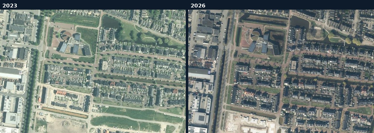 Luchtfoto van een bouwlocatie in Eemnes in 2023 en 2026