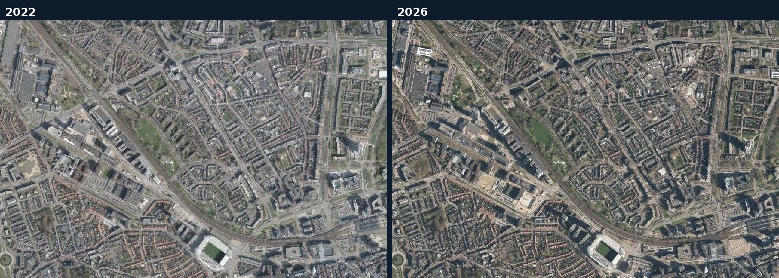 Luchtfoto van een bouwlocatie in Eindhoven in 2022 en 2026