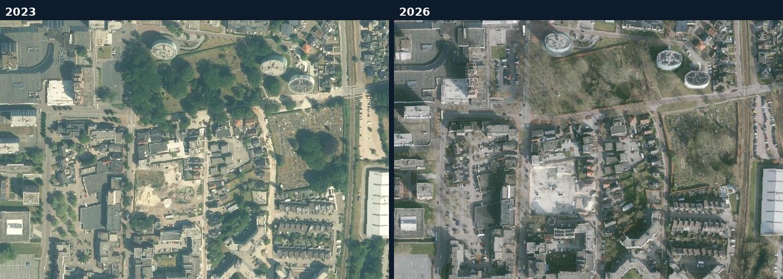 Luchtfoto van een bouwlocatie in Emmen in 2023 en 2026