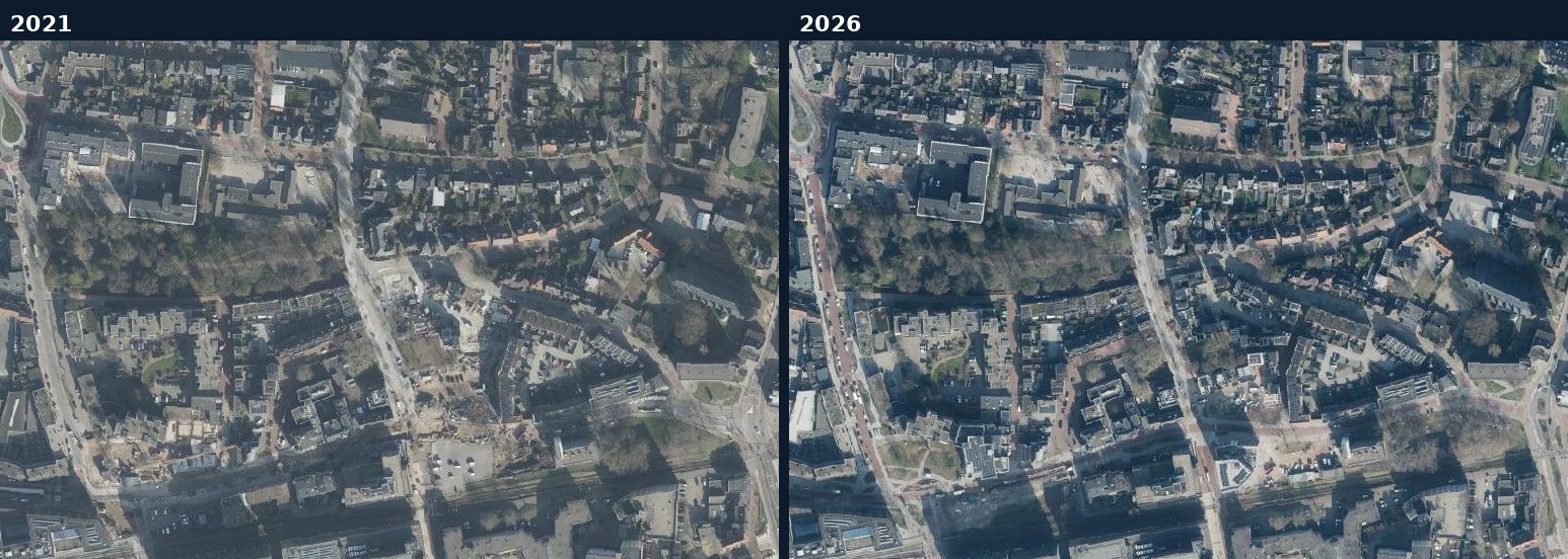 Luchtfoto van een bouwlocatie in Enschede in 2021 en 2026
